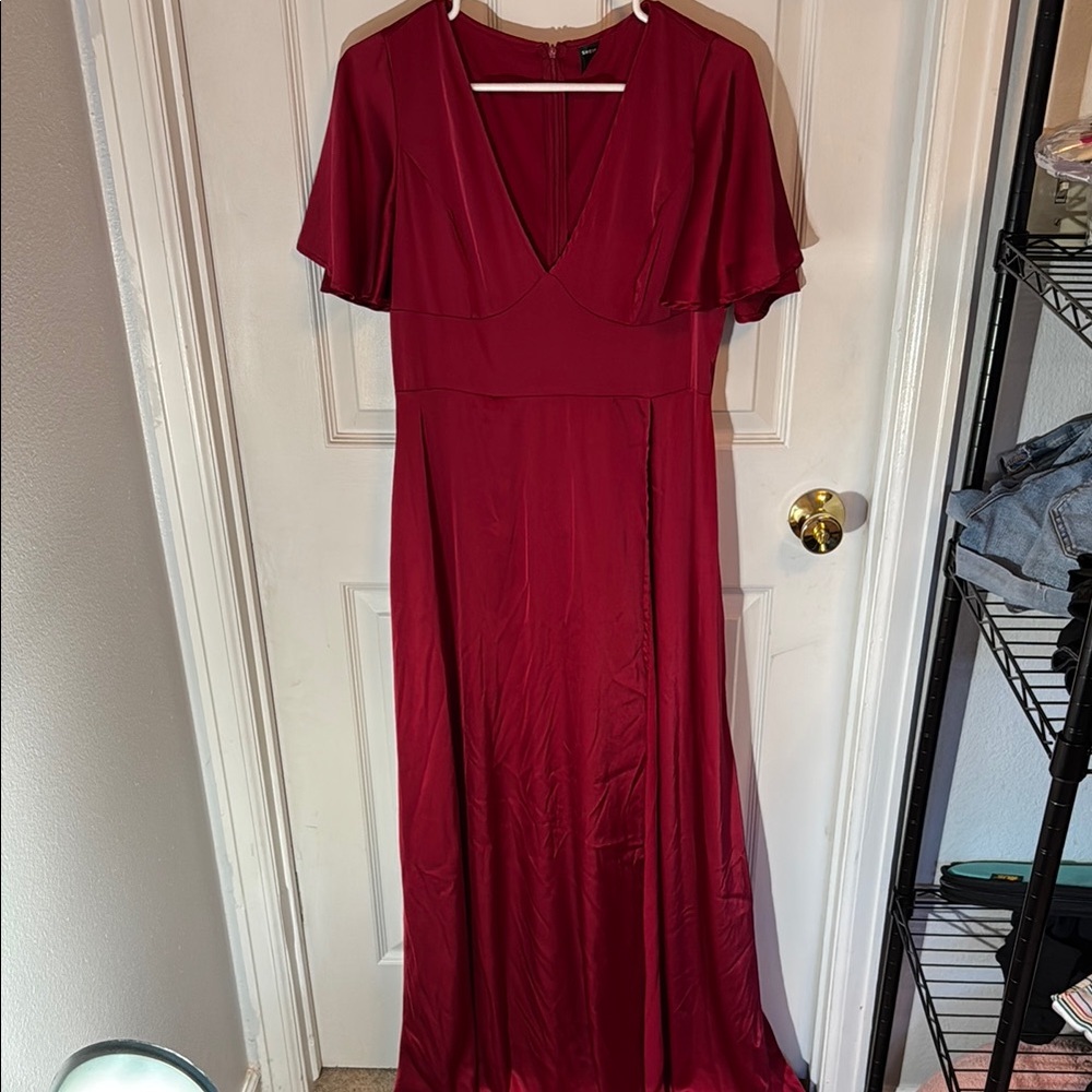 SHEIN Red Flutter Sleeve V-Neck Maxi Gown